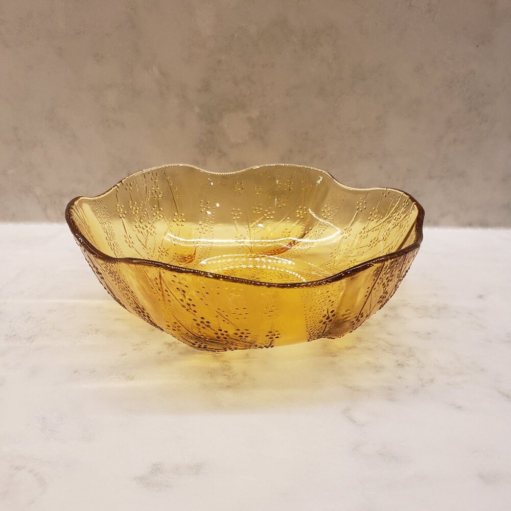 Pasabahce Vintage Amber Glass Bowl that has Embossed Flowers & Scalloped